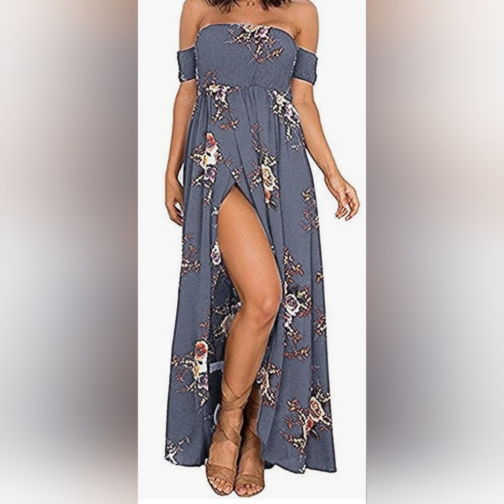 Off the Shoulder Maxi Dress- Slate Blue Floral,  S/M